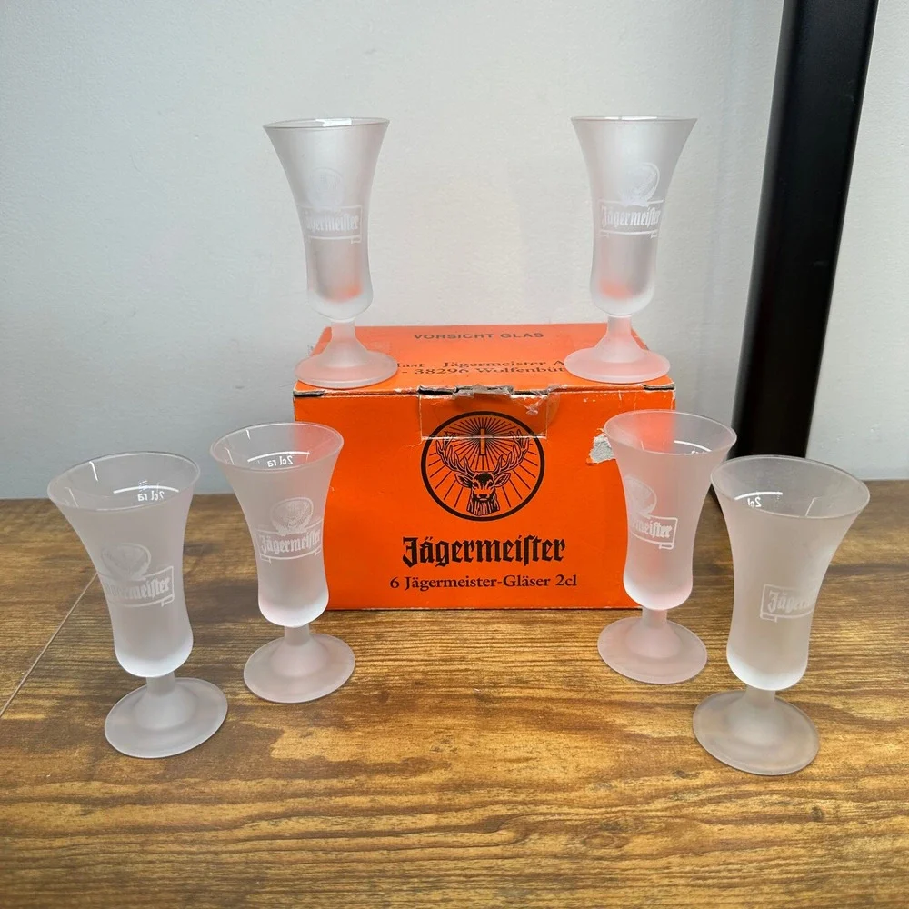 Jagermeister Frosted Glass Shot Glasses Set of 6 with Original Box 2cl Stemmed